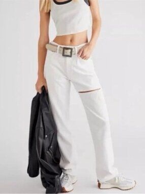 AGOLDE LANA SLICE Jeans High Rise Button Straight White Thigh Slit 24 PERFECT!